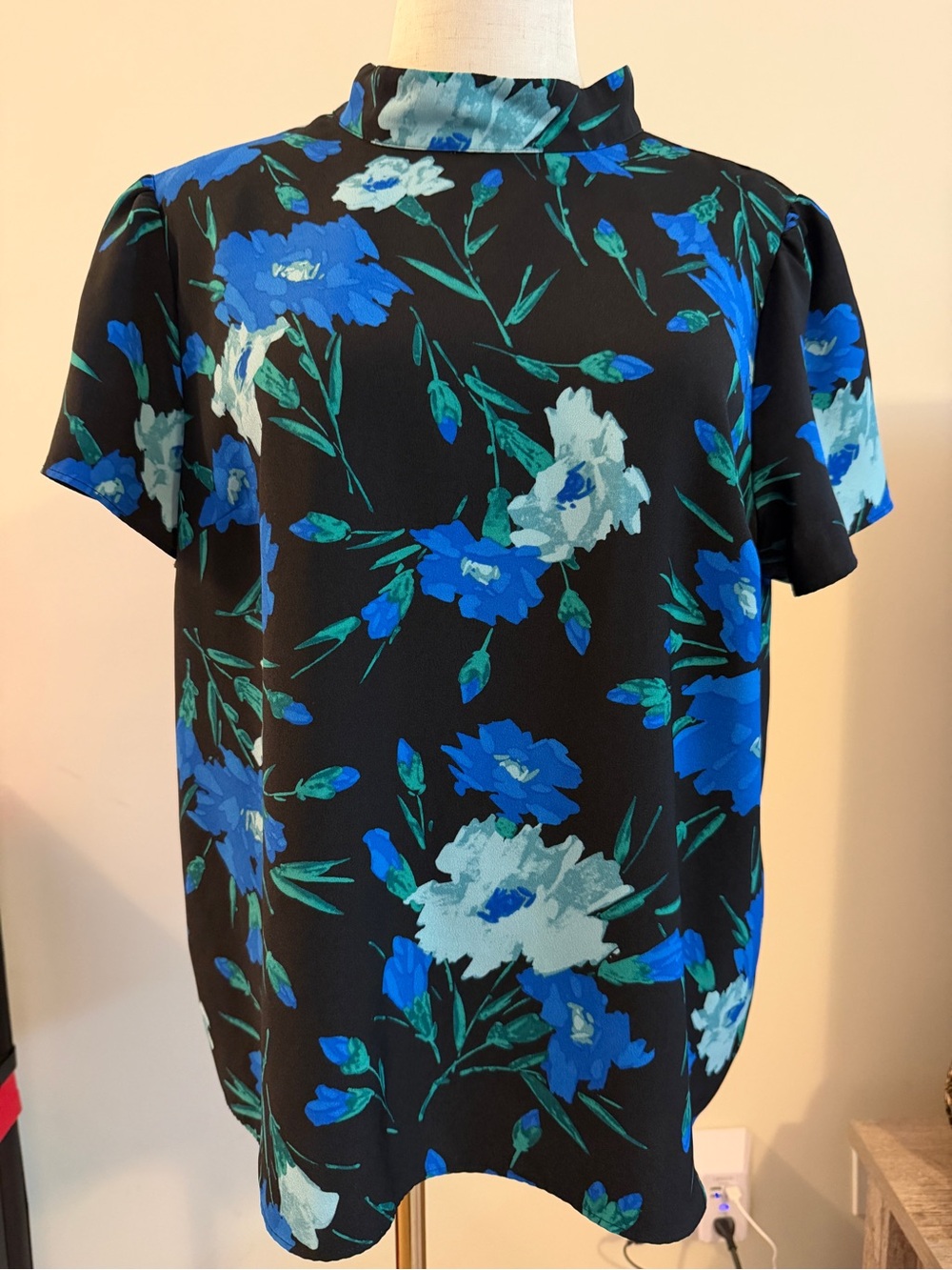J. Crew Black Short-Sleeve Floral Polo with Blue and Teal Blooms
